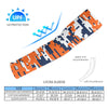 Athletic sports compression arm sleeve for youth and adult football, basketball, baseball, and softball printed with digicamo navy blue, orange, and white colors.  

