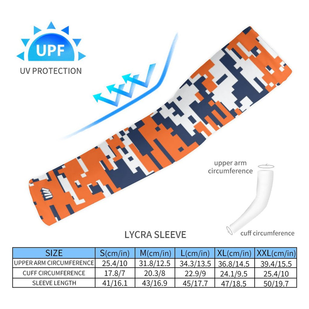 Athletic sports compression arm sleeve for youth and adult football, basketball, baseball, and softball printed with digicamo navy blue, orange, and white colors.  


