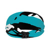 Athletic sports sweatband wide headband for youth and adult football, basketball, baseball, softball, gym workout, printed with turquoise, black, and white colors. 