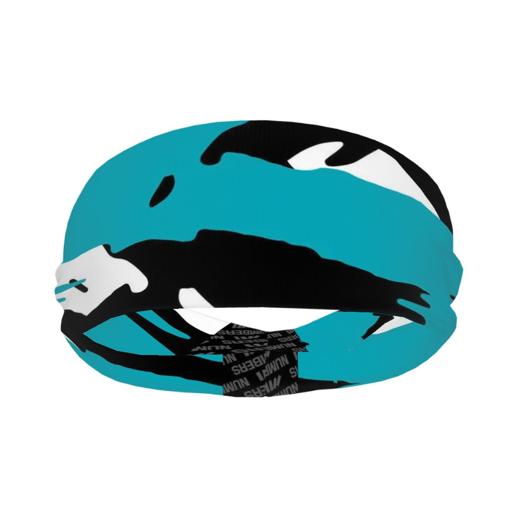 Athletic sports sweatband wide headband for youth and adult football, basketball, baseball, softball, gym workout, printed with turquoise, black, and white colors. 
