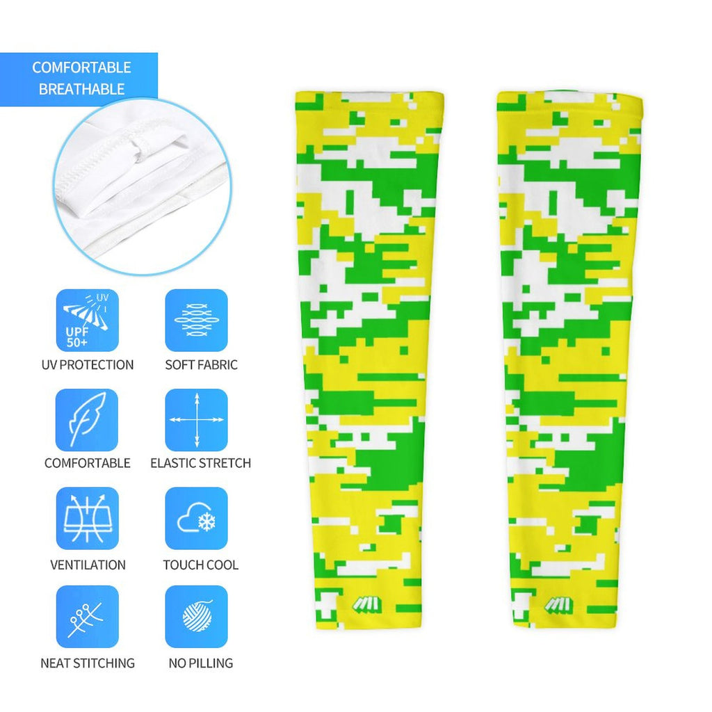 Athletic sports compression arm sleeve for youth and adult football, basketball, baseball, and softball printed with digicamo neon yellow, neon green, and white colors. 