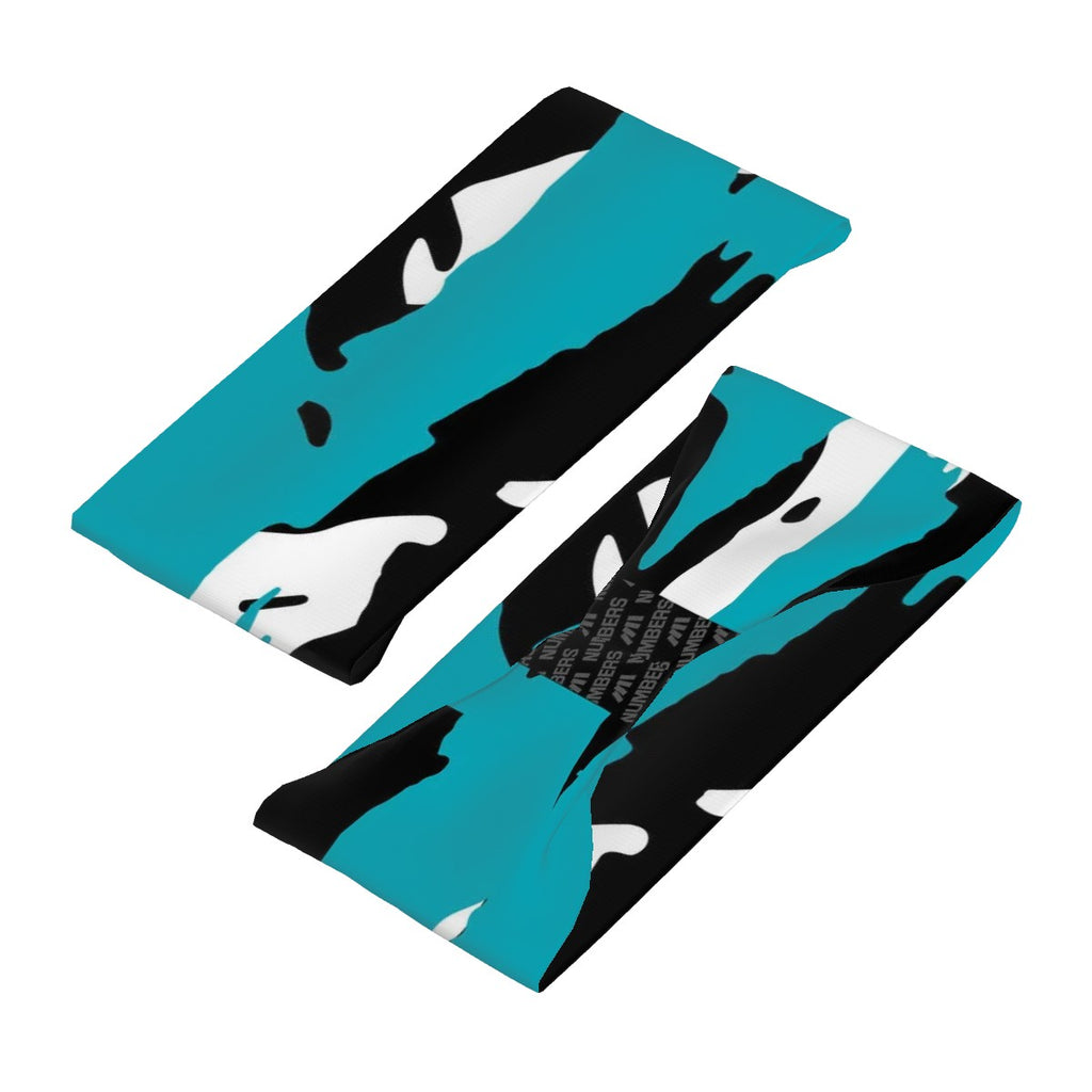 Athletic sports sweatband wide headband for youth and adult football, basketball, baseball, softball, gym workout, printed with turquoise, black, and white colors. 