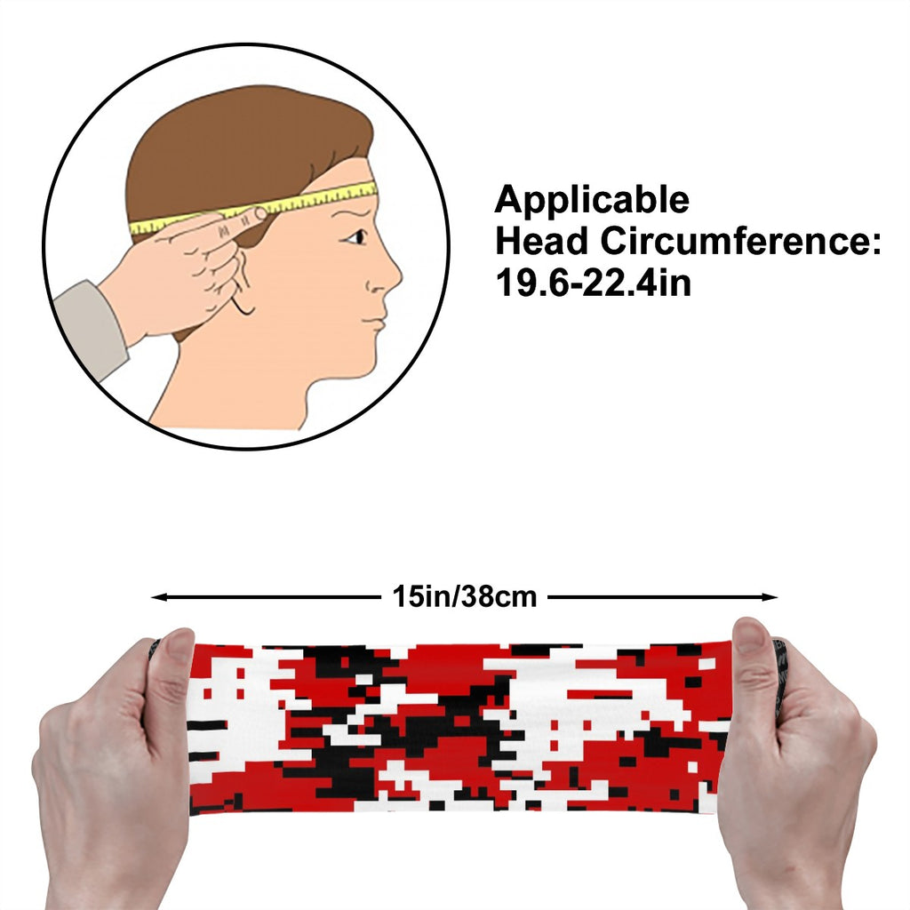 Athletic sports sweatband wide headband for youth and adult football, basketball, baseball, softball, gym workout, printed with red, white, and black colors. 