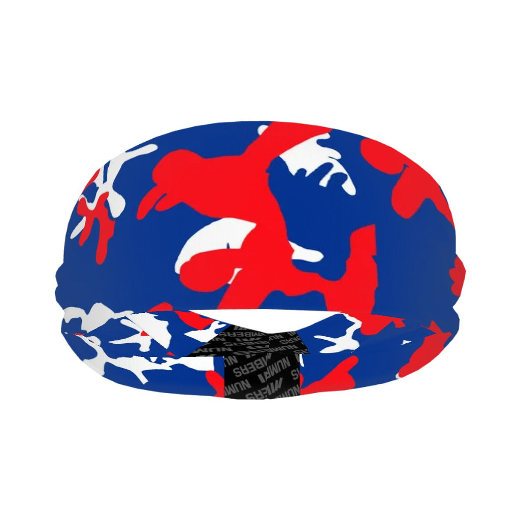 Athletic sports sweatband wide headband for youth and adult football, basketball, baseball, softball, gym workout, printed with royal blue, red, and white colors. 

 