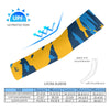 Athletic sports compression arm sleeve for youth and adult football, basketball, baseball, and softball printed with predator blue, light blue, and yellow colors. 
