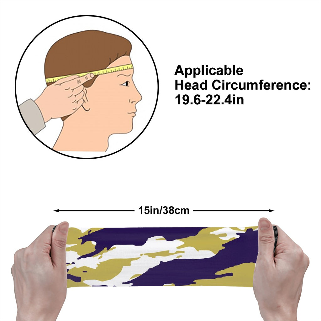 Athletic sports sweatband wide headband for youth and adult football, basketball, baseball, softball, gym workout, printed with purple, gold, and white colors. 