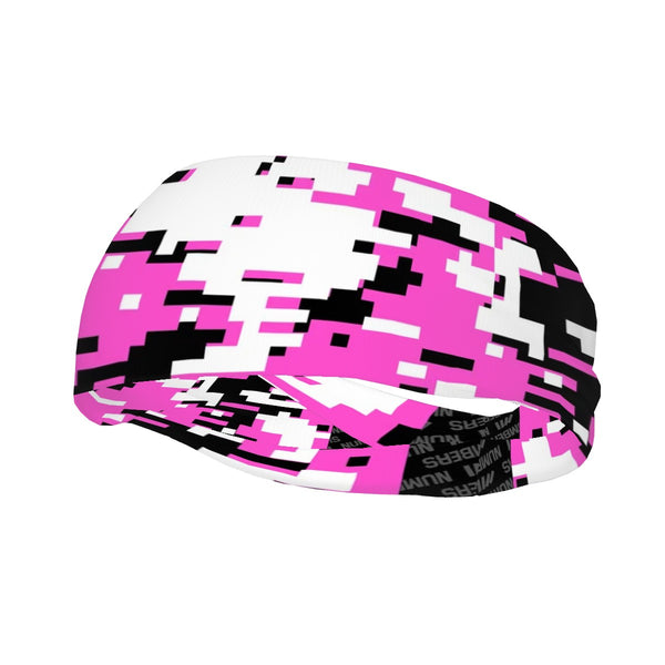 Athletic sports sweatband wide headband for youth and adult football, basketball, baseball, softball, gym workout, printed with pink, white, and black colors. 