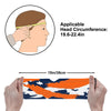 Athletic sports sweatband wide headband for youth and adult football, basketball, baseball, softball, gym workout, printed with navy blue, orange, and white colors. 