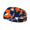 Athletic sports sweatband wide headband for youth and adult football, basketball, baseball, softball, gym workout, printed with navy blue, orange, and white colors. 