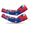 Athletic sports compression arm sleeve for youth and adult football, basketball, baseball, and softball printed with camo red, white, and blue colors. 
