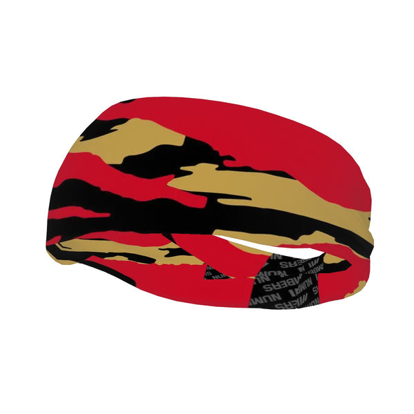 Athletic sports sweatband wide headband for youth and adult football, basketball, baseball, softball, gym workout, printed with red, gold, and black colors. 