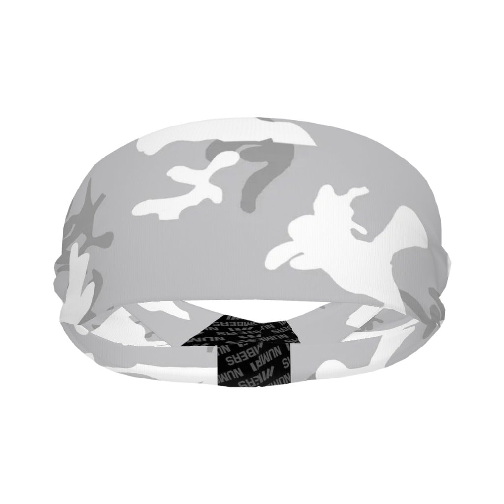 Athletic sports sweatband wide headband for youth and adult football, basketball, baseball, softball, gym workout, printed with grey and white colors.