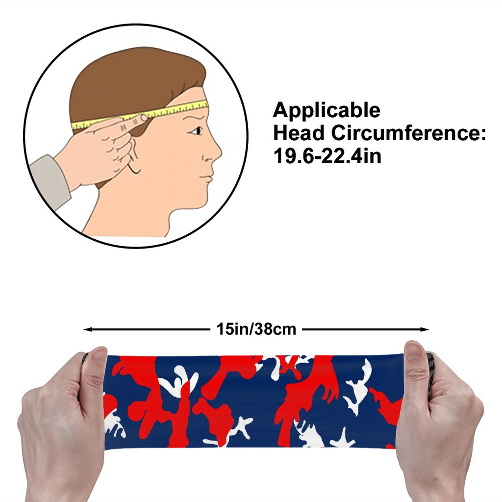Athletic sports sweatband wide headband for youth and adult football, basketball, baseball, softball, gym workout, printed with navy blue, red, and white colors.