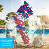 Athletic sports compression arm sleeve for youth and adult football, basketball, baseball, and softball printed with digicamo royal blue, red, and white colors.