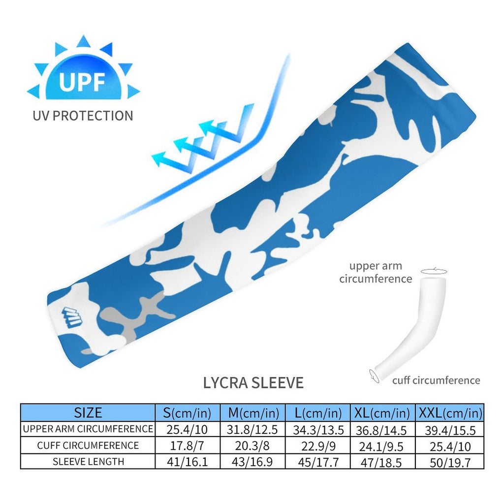 Athletic sports compression arm sleeve for youth and adult football, basketball, baseball, and softball printed with camo light blue, white, and gray colors. 