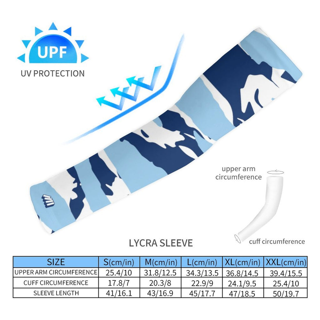 Athletic sports compression arm sleeve for youth and adult football, basketball, baseball, and softball printed with baby blue, navy blue, and white colors. 