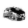 Athletic sports sweatband wide headband for youth and adult football, basketball, baseball, softball, gym workout, printed with black, gray, and white colors.