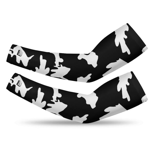 Athletic sports compression arm sleeve for youth and adult football, basketball, baseball, and softball printed with camo black and white colors.  
