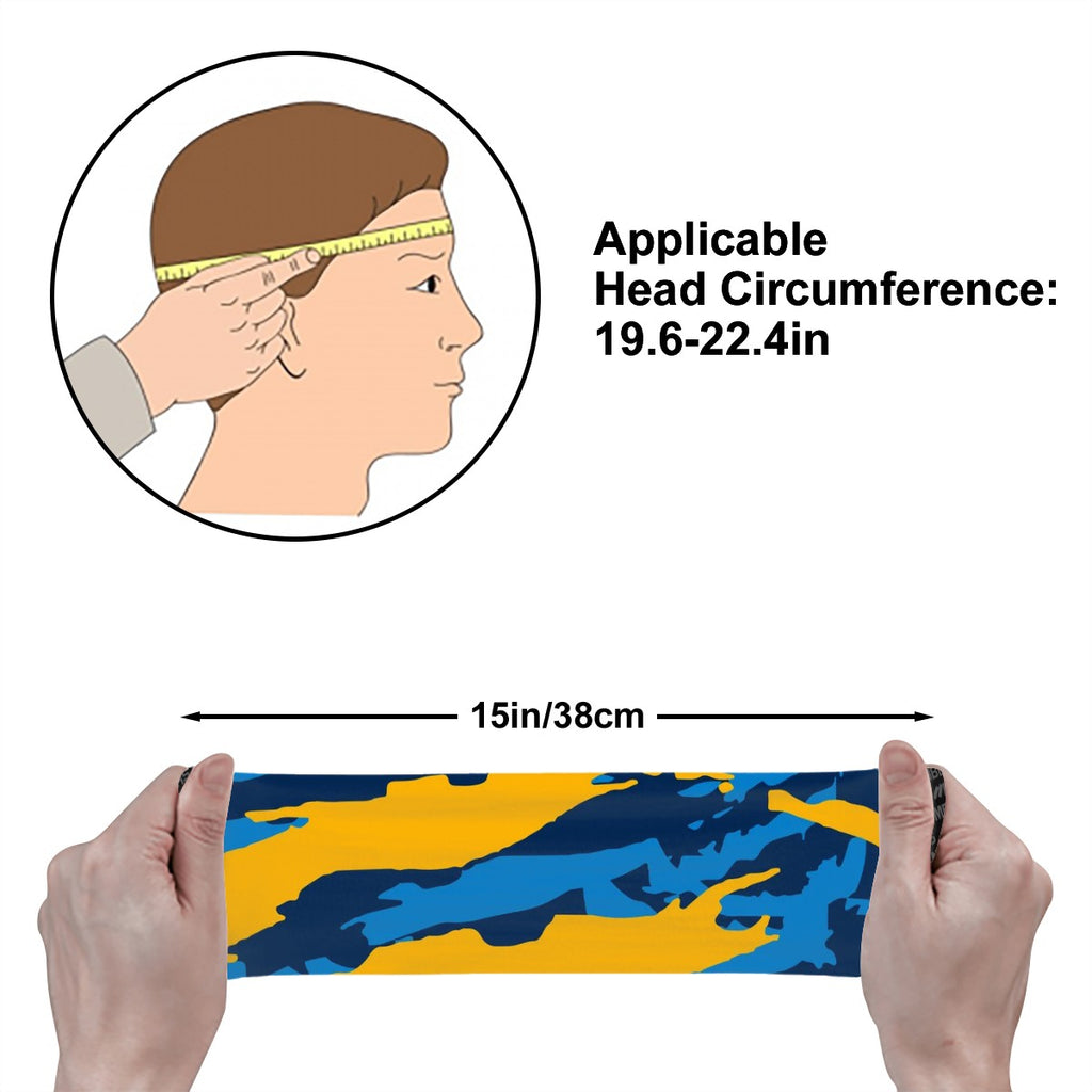 Athletic sports sweatband wide headband for youth and adult football, basketball, baseball, softball, gym workout, printed with blue, light blue, and yellow colors. 