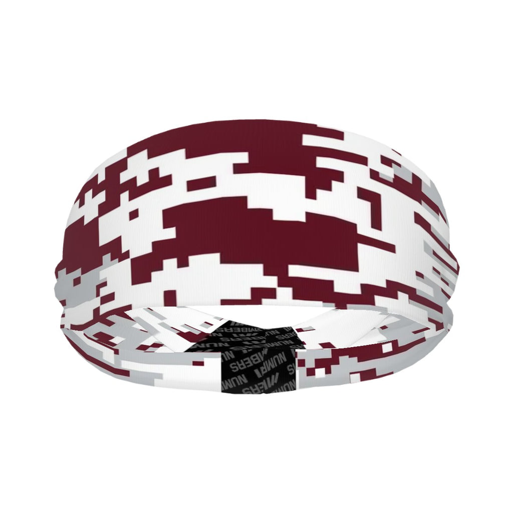 Athletic sports sweatband wide headband for youth and adult football, basketball, baseball, softball, gym workout, printed with maroon, white, and gray colors. 