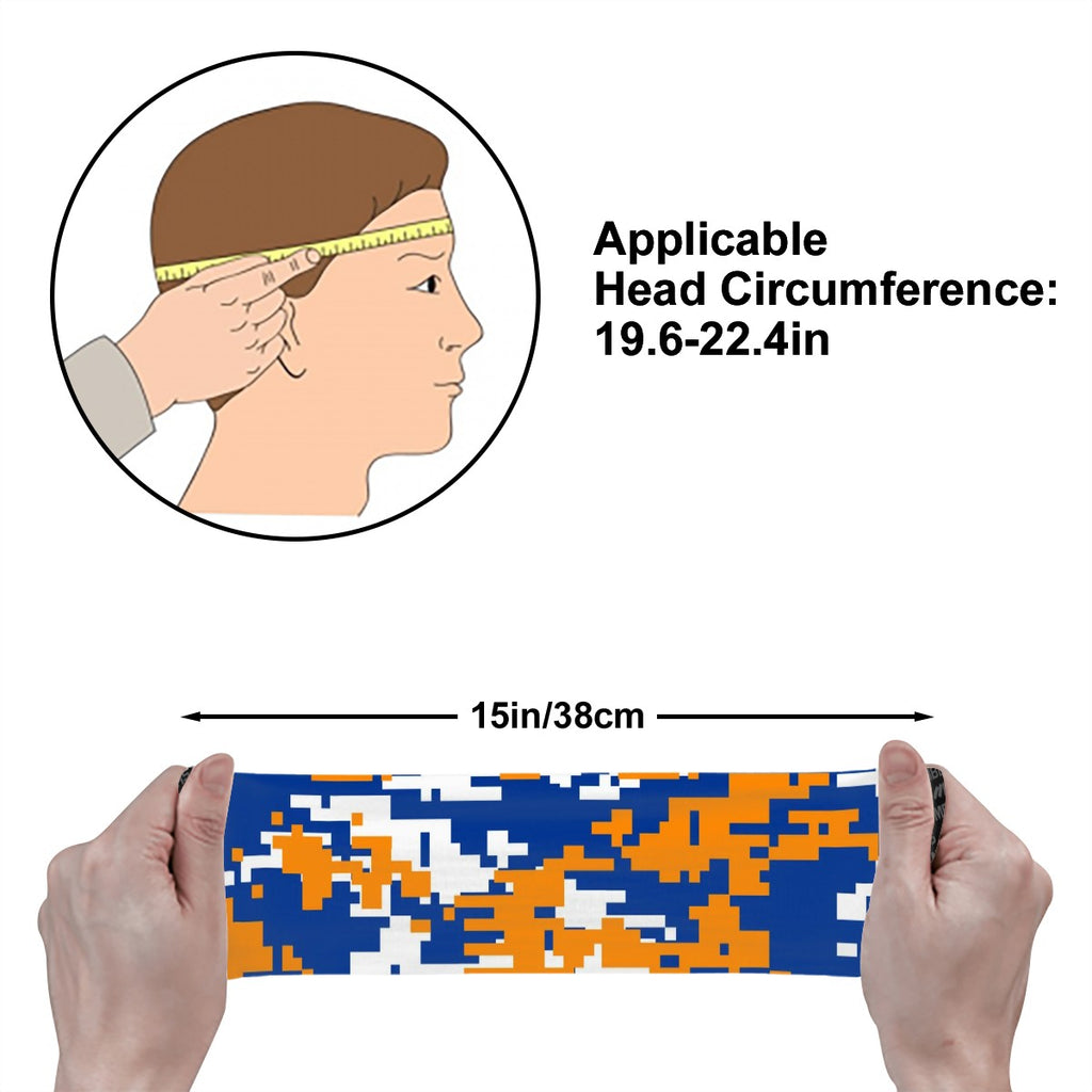 Athletic sports sweatband wide headband for youth and adult football, basketball, baseball, softball, gym workout, printed with royal blue, orange, and white colors. 
