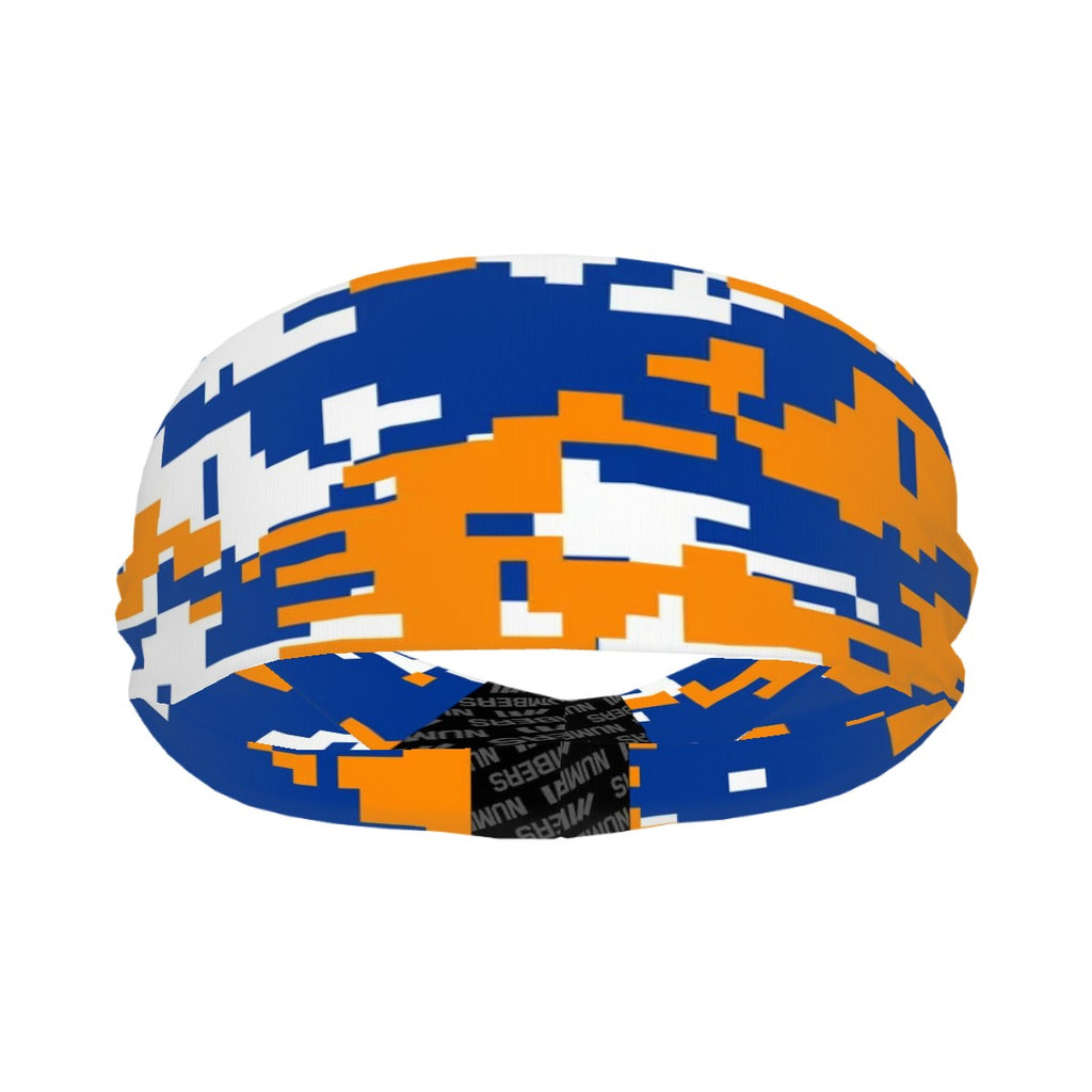 Athletic sports sweatband wide headband for youth and adult football, basketball, baseball, softball, gym workout, printed with royal blue, orange, and white colors. 
