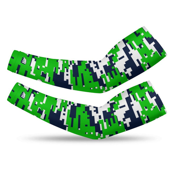 Athletic sports compression arm sleeve for youth and adult football, basketball, baseball, and softball printed with digicamo navy blue, green, and white colors. 