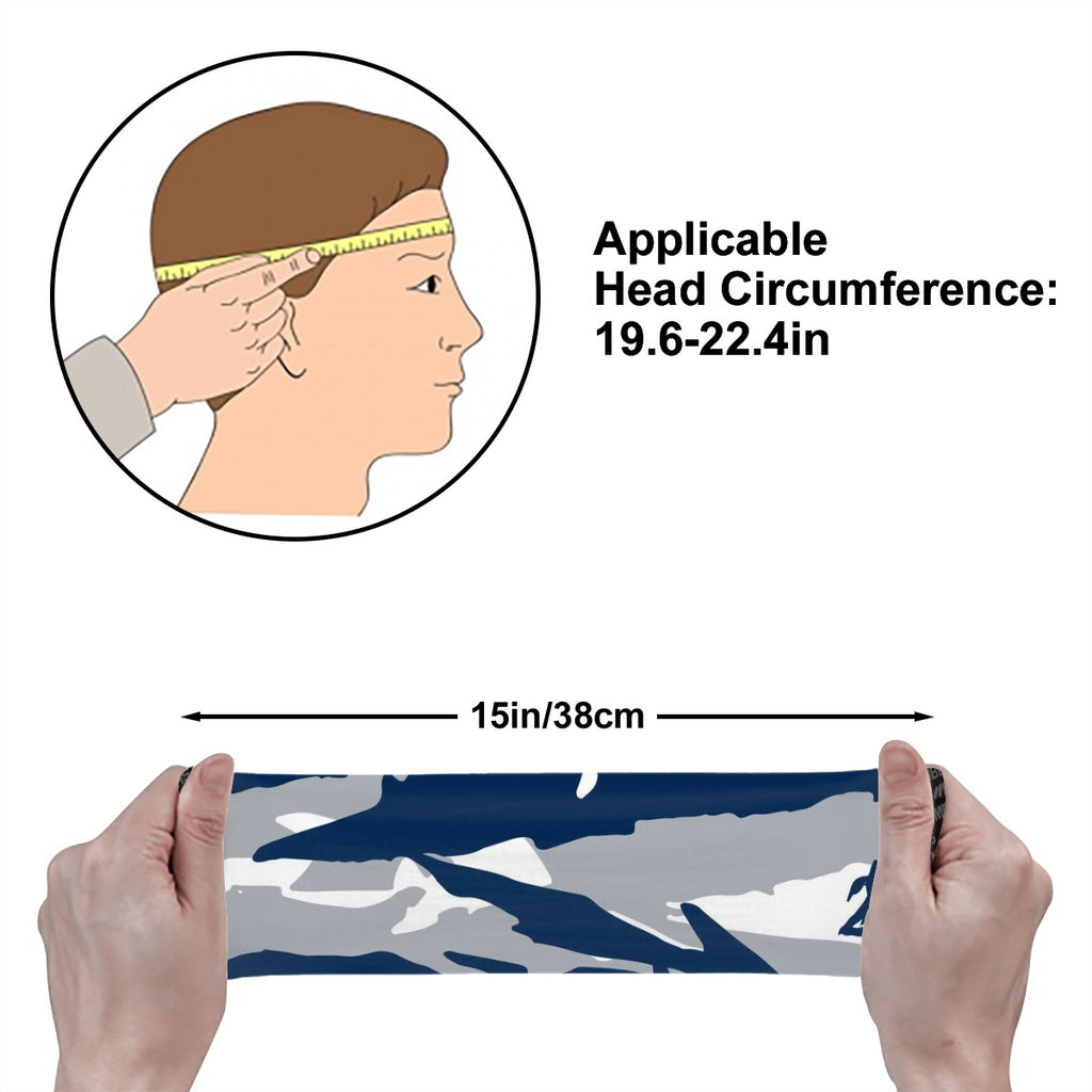 Athletic sports sweatband wide headband for youth and adult football, basketball, baseball, softball, gym workout, printed with navy blue, white, and gray colors. 