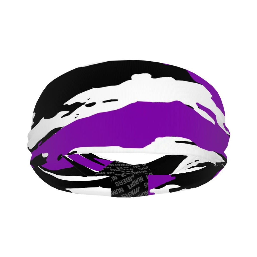 Athletic sports sweatband wide headband for youth and adult football, basketball, baseball, softball, gym workout, printed with purple, black, and white colors. 