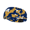 Athletic sports sweatband wide headband for youth and adult football, basketball, baseball, softball, gym workout, printed with navy blue, gold, and white colors. 