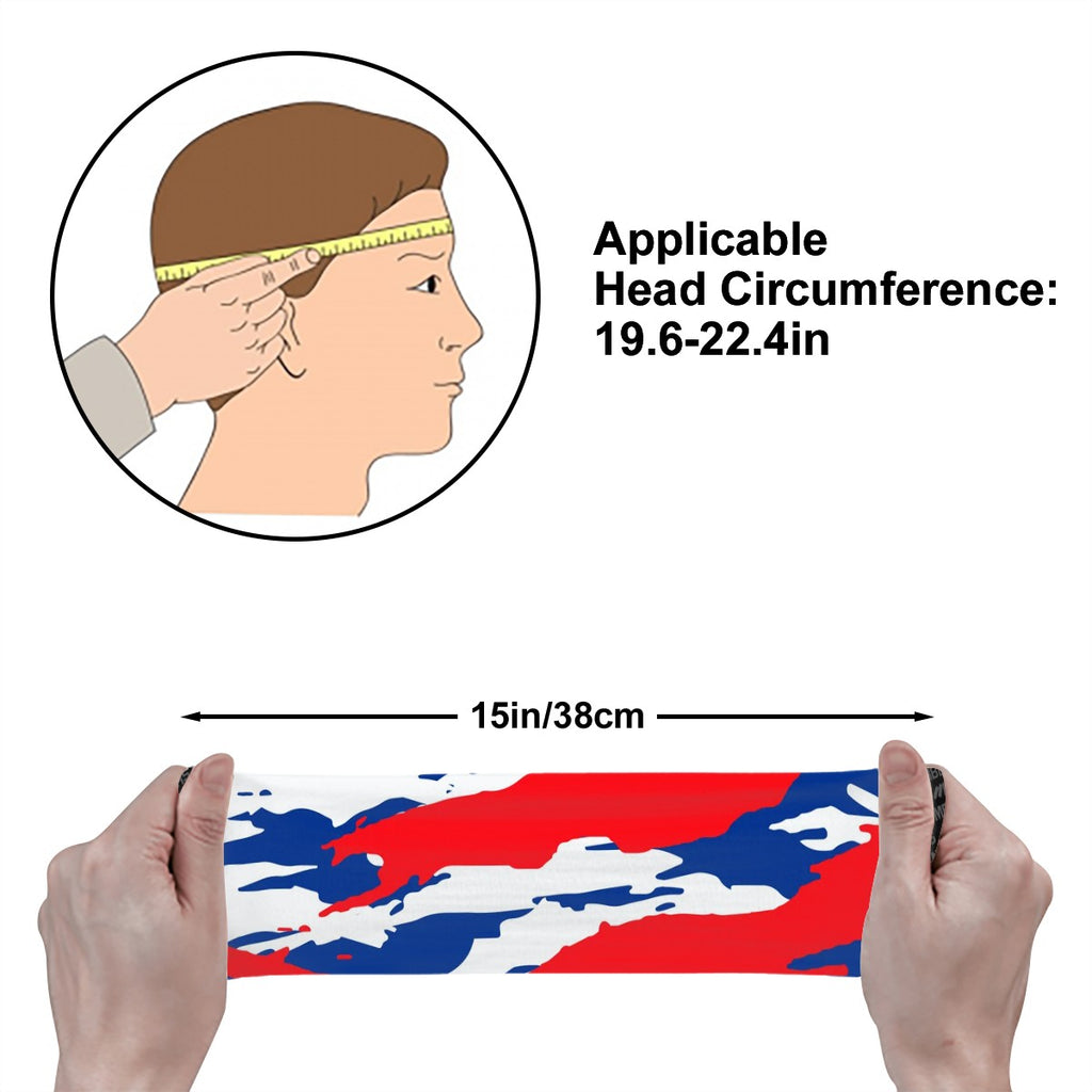 Athletic sports sweatband wide headband for youth and adult football, basketball, baseball, softball, gym workout, printed with red, white, and blue colors. 