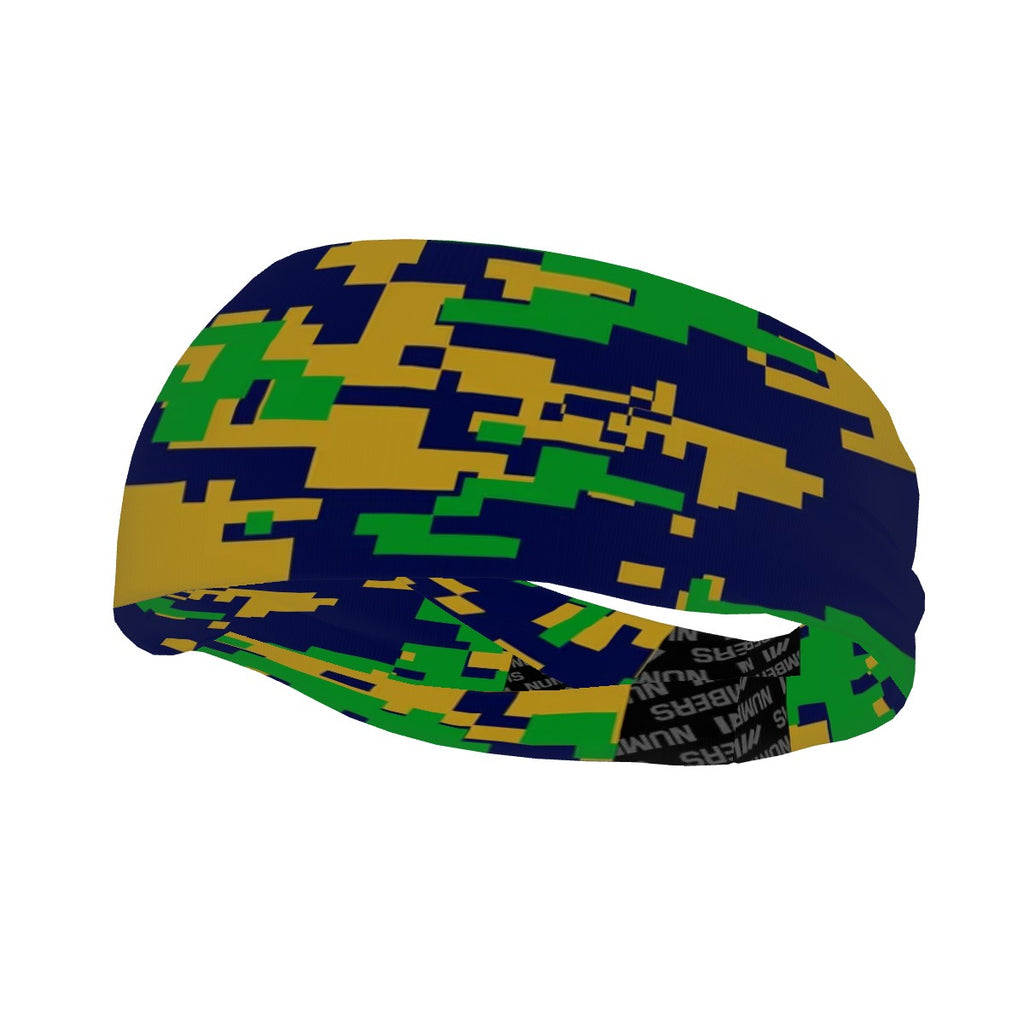 Athletic sports sweatband wide headband for youth and adult football, basketball, baseball, softball, gym workout, printed with green, navy blue, and gold colors. 