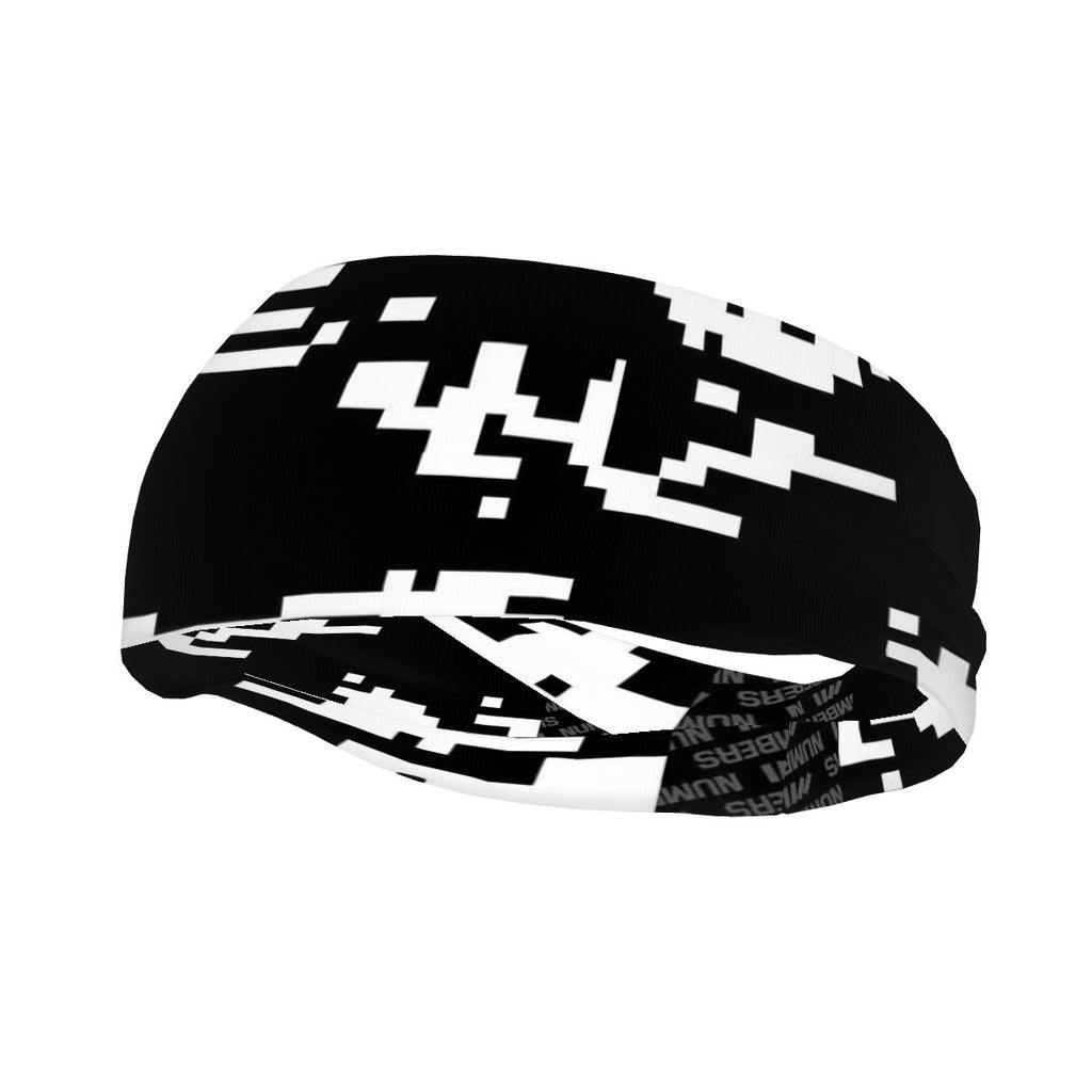 Athletic sports sweatband wide headband for youth and adult football, basketball, baseball, softball, gym workout, printed with black, and white colors. 
