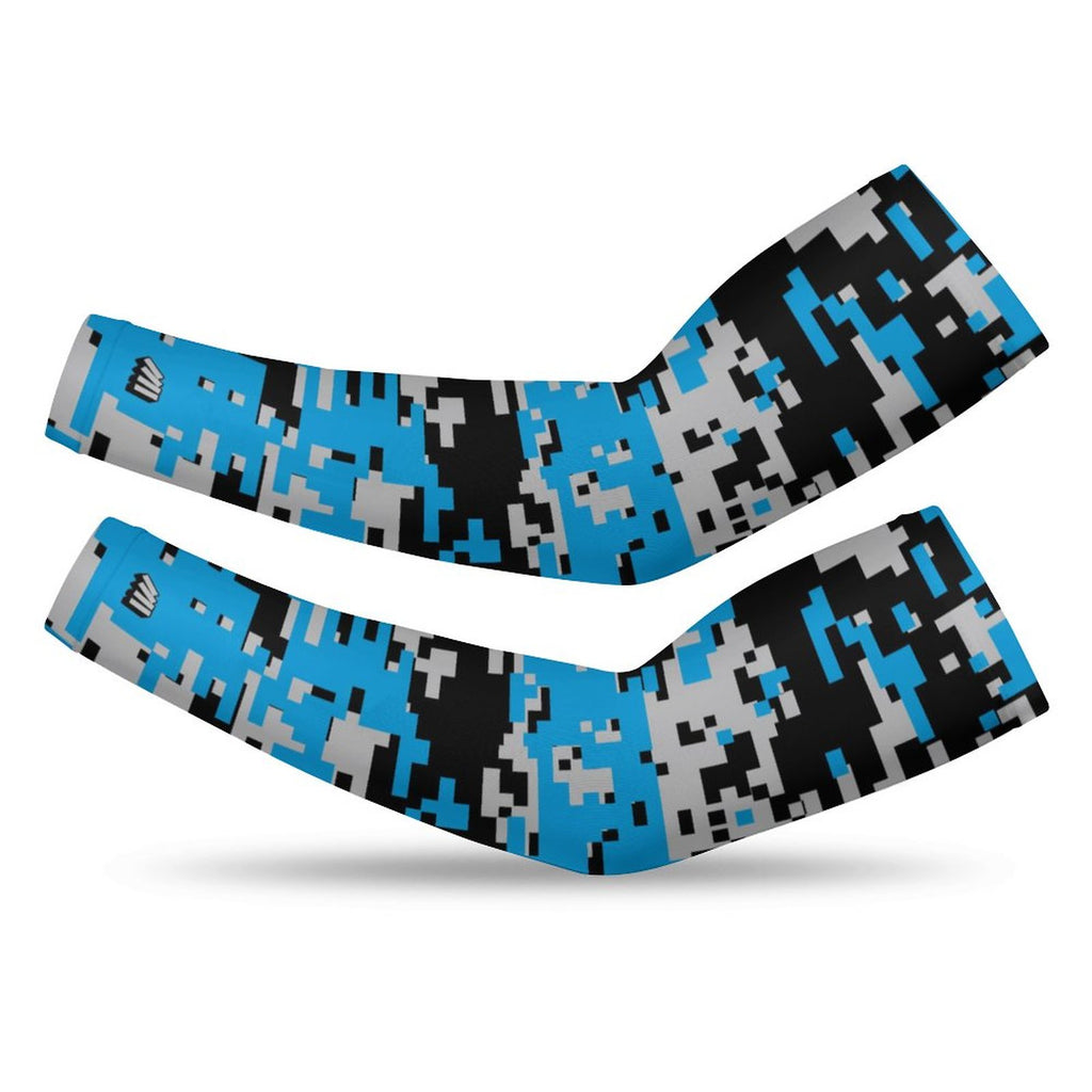 Athletic sports compression arm sleeve for youth and adult football, basketball, baseball, and softball printed with digicamo black, light blue, and gray colors. 