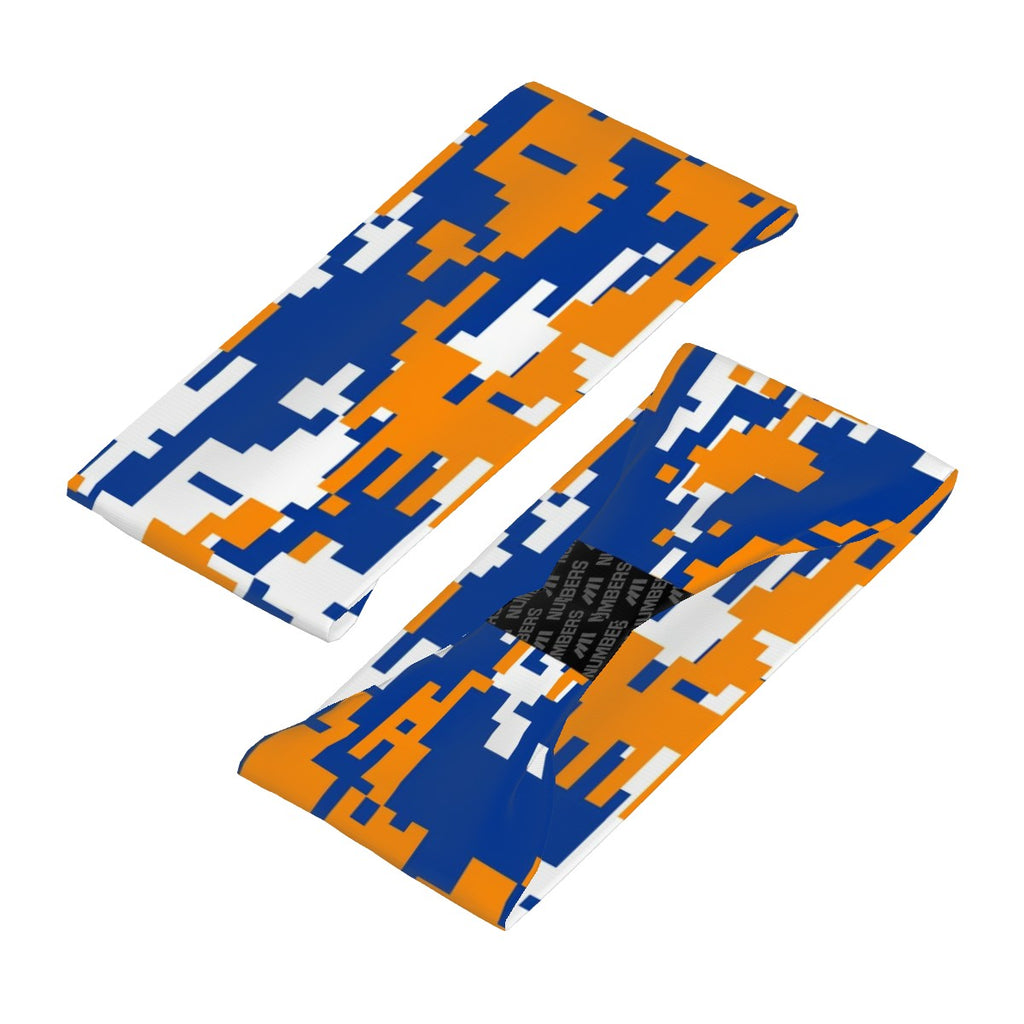 Athletic sports sweatband wide headband for youth and adult football, basketball, baseball, softball, gym workout, printed with royal blue, orange, and white colors. 
