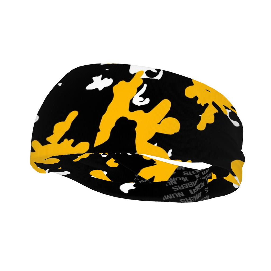 Athletic sports sweatband wide headband for youth and adult football, basketball, baseball, softball, gym workout, printed with black, yellow, and white colors. 