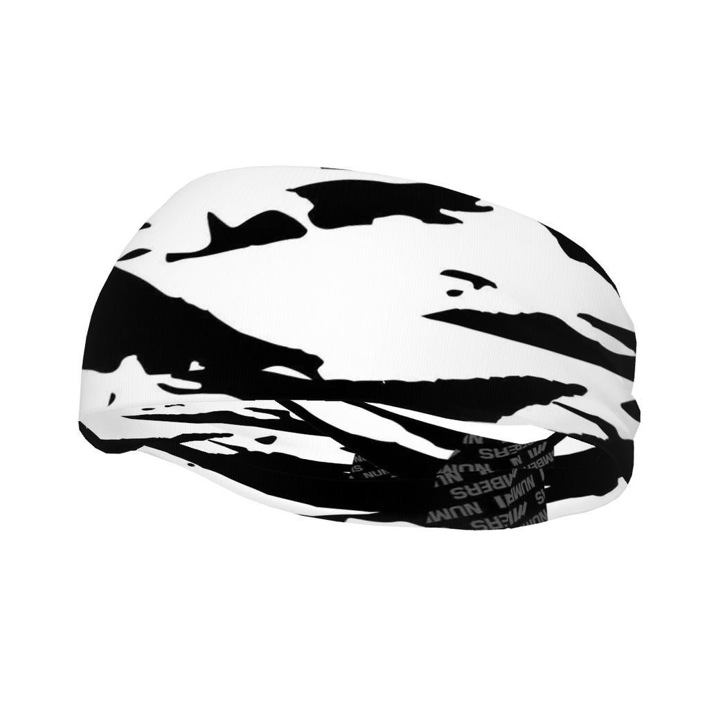 Athletic sports sweatband wide headband for youth and adult football, basketball, baseball, softball, gym workout, printed with black, and white colors. 