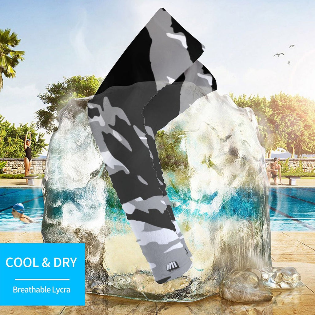 Athletic sports compression arm sleeve for youth and adult football, basketball, baseball, and softball printed with predator black, white, and gray colors. 