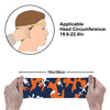Athletic sports sweatband wide headband for youth and adult football, basketball, baseball, softball, gym workout, printed with navy blue, orange, and white colors. 