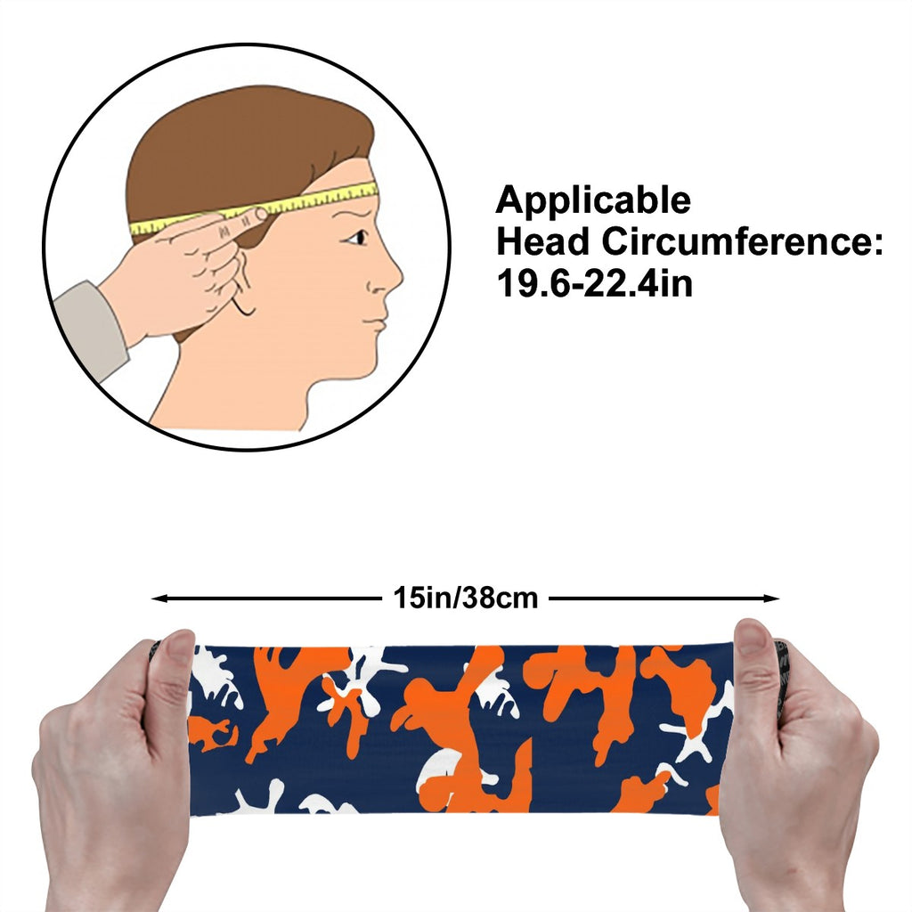 Athletic sports sweatband wide headband for youth and adult football, basketball, baseball, softball, gym workout, printed with navy blue, orange, and white colors. 