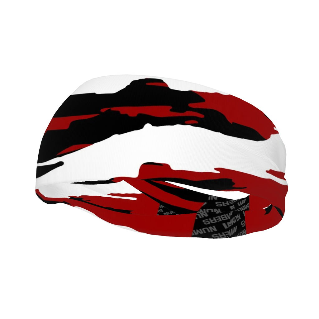 Athletic sports sweatband wide headband for youth and adult football, basketball, baseball, softball, gym workout, printed with maroon, white, and black colors. 