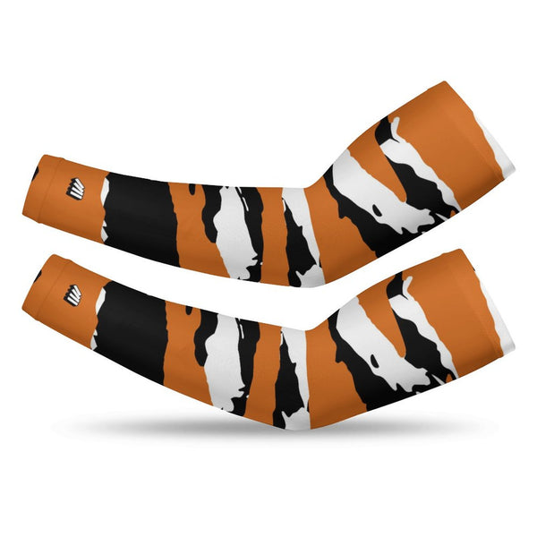 Athletic sports compression arm sleeve for youth and adult football, basketball, baseball, and softball printed with predator burnt orange, white, and black colors.