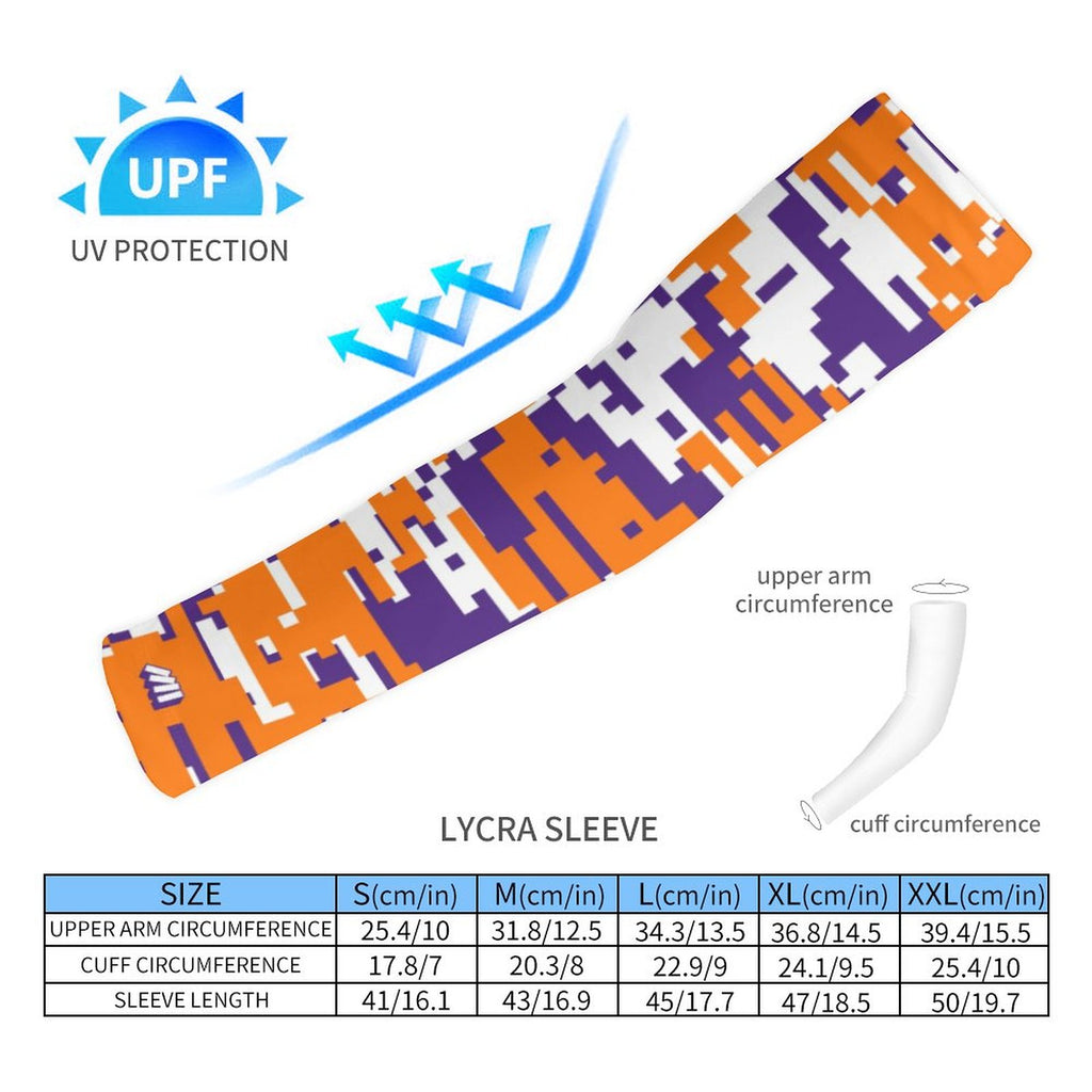 Athletic sports compression arm sleeve for youth and adult football, basketball, baseball, and softball printed with digicamo purple, orange, and white colors.  
