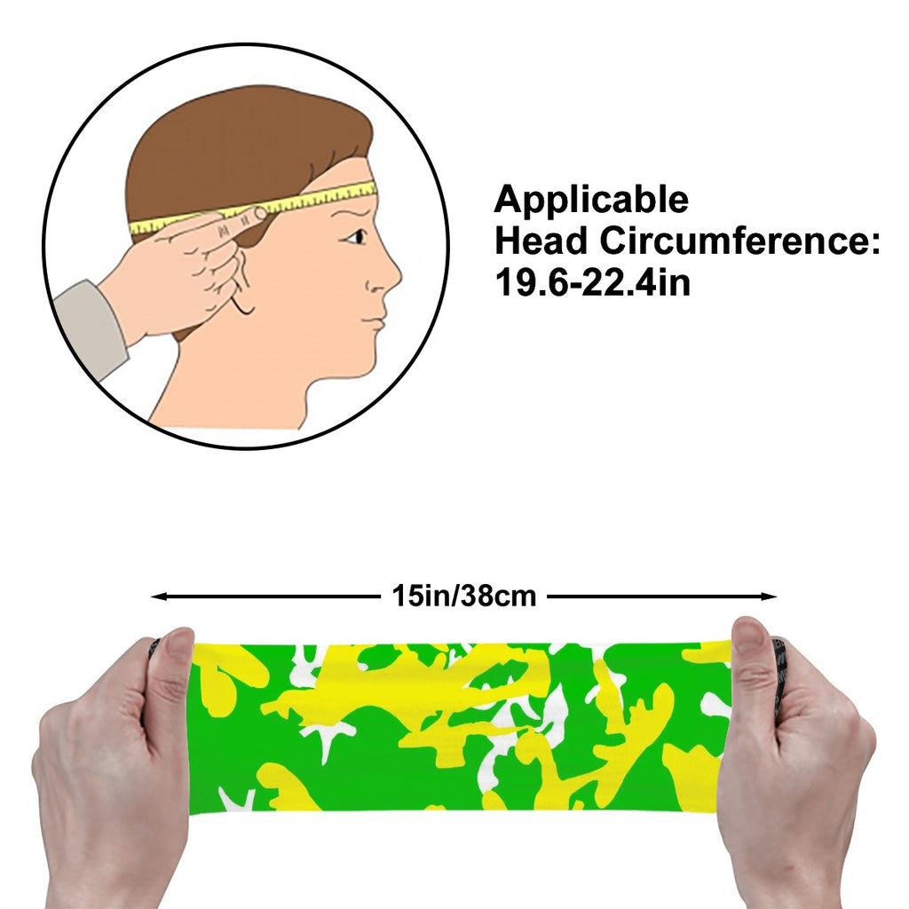 Athletic sports sweatband wide headband for youth and adult football, basketball, baseball, softball, gym workout, printed with neon green, yellow, and white colors. 