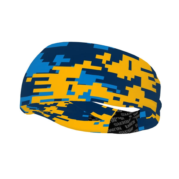 Athletic sports sweatband wide headband for youth and adult football, basketball, baseball, softball, gym workout, printed with blue, light blue, and yellow colors. 