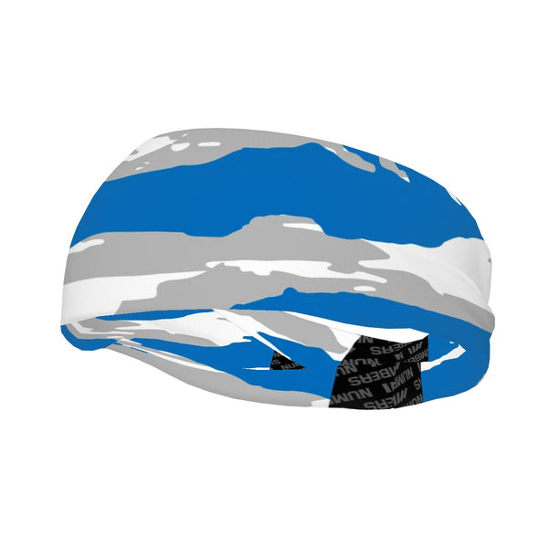 Athletic sports sweatband wide headband for youth and adult football, basketball, baseball, softball, gym workout, printed with light blue, gray, and white colors. 
