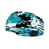 Athletic sports sweatband wide headband for youth and adult football, basketball, baseball, softball, gym workout, printed with turquoise, black, and white colors. 