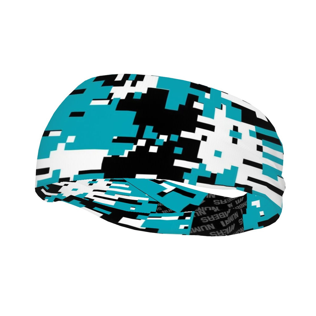 Athletic sports sweatband wide headband for youth and adult football, basketball, baseball, softball, gym workout, printed with turquoise, black, and white colors. 