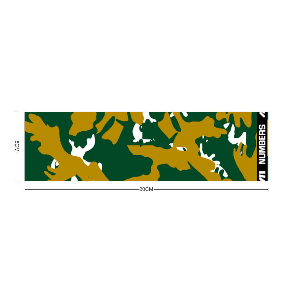 Athletic sports sweatband headband for youth and adult football, basketball, baseball, and softball printed with camo green, gold, and white colors. 