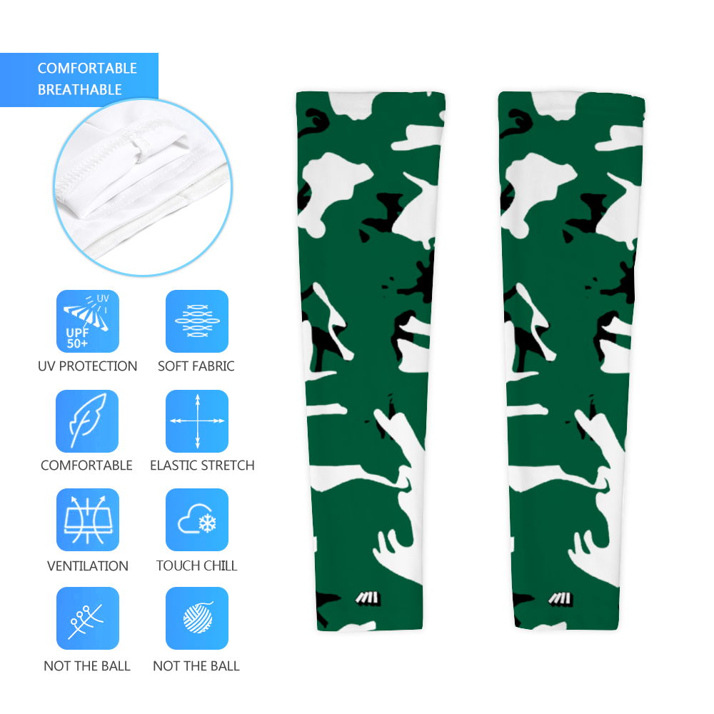 Athletic sports compression arm sleeve for youth and adult football, basketball, baseball, and softball printed with camo green, black, white